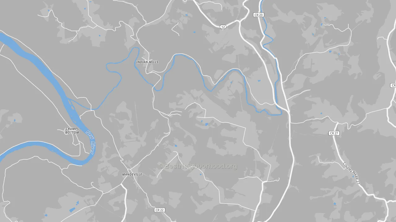 Walk Grade map of Indian Mills, WV, walkable areas in green and car-dependent areas in red