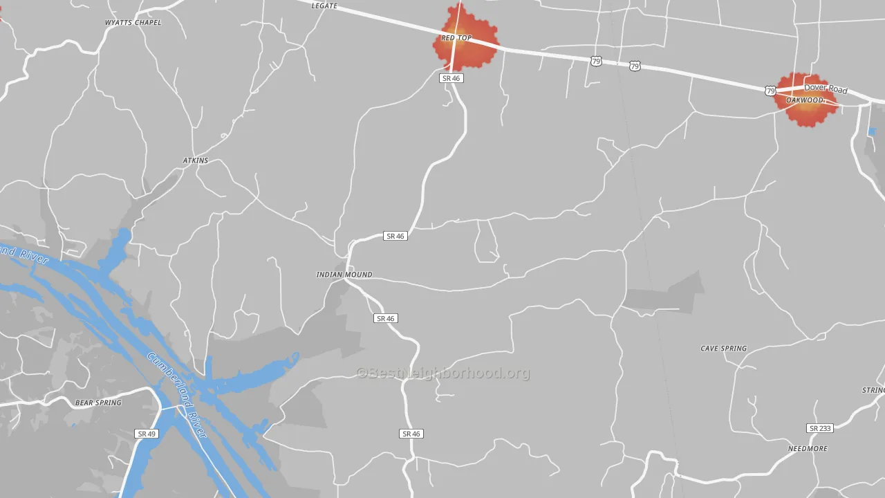 Walk Grade map of Indian Mound, TN, walkable areas in green and car-dependent areas in red