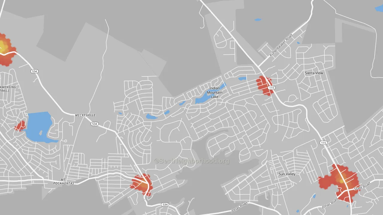 Walk Grade map of Indian Mountain Lake, PA, walkable areas in green and car-dependent areas in red