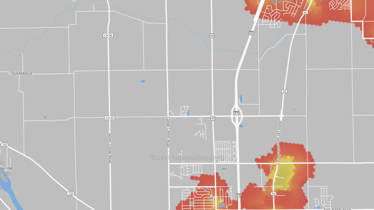 Walk Grade map of Indian Oaks, IL, walkable areas in green and car-dependent areas in red