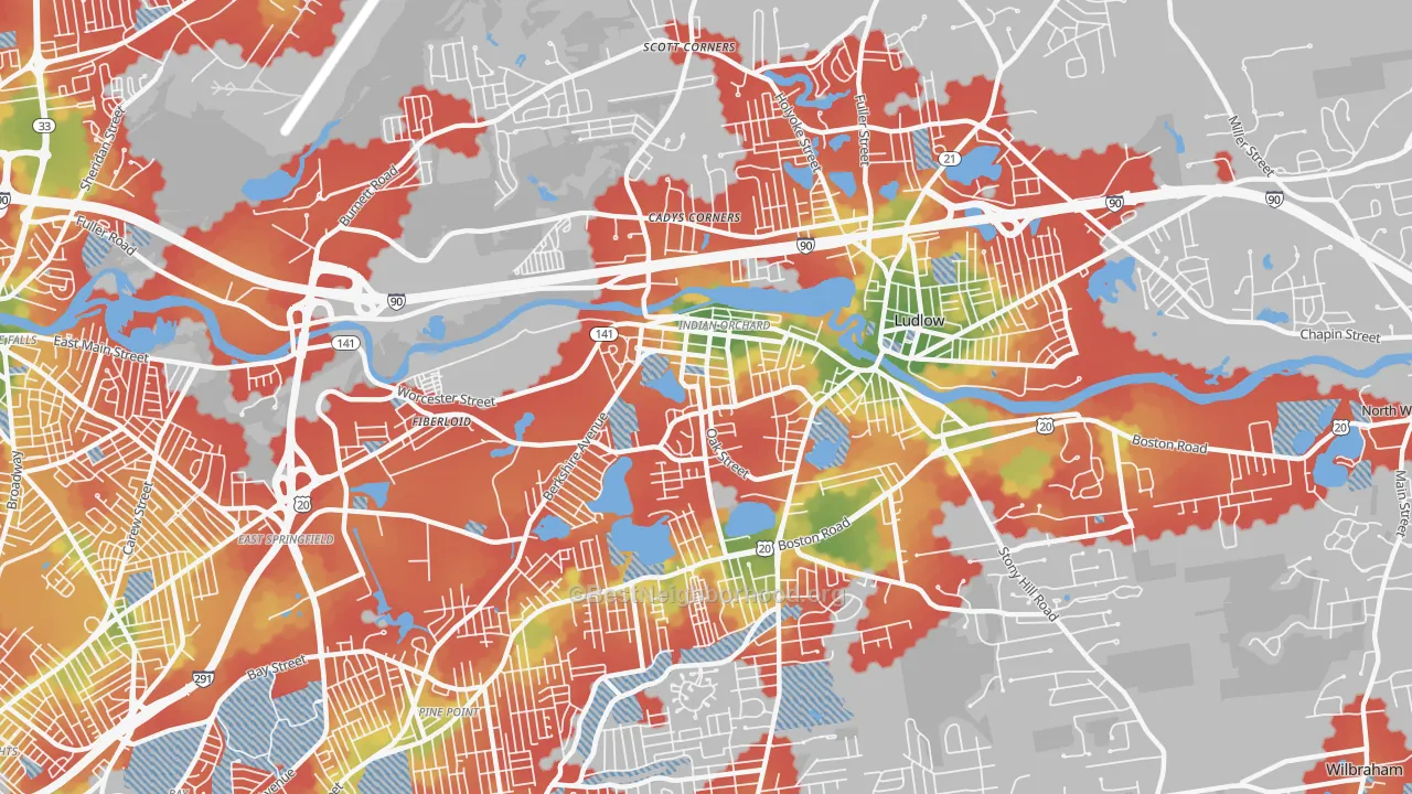 Walk Grade map of Indian Orchard, MA, walkable areas in green and car-dependent areas in red