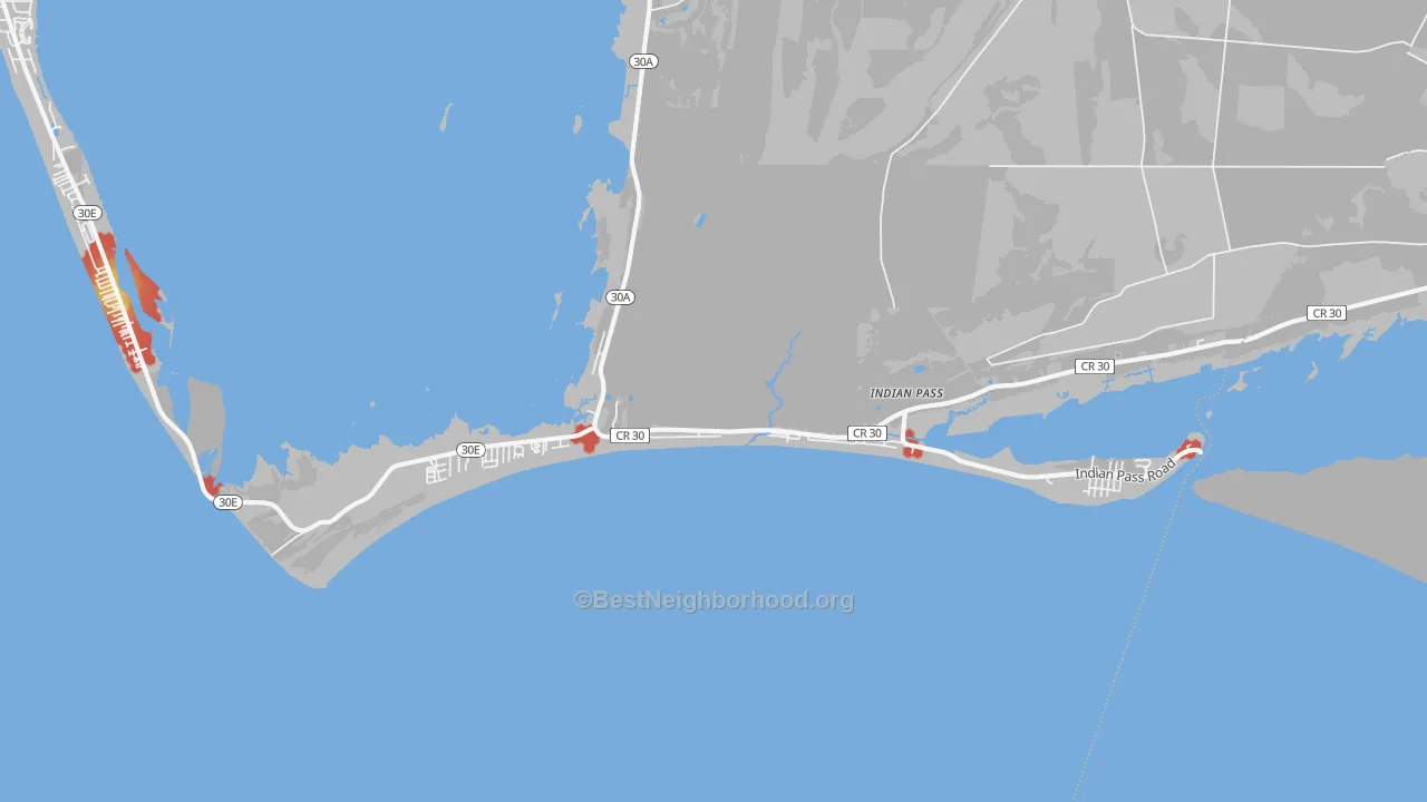 Walk Grade map of Indian Pass, FL, walkable areas in green and car-dependent areas in red