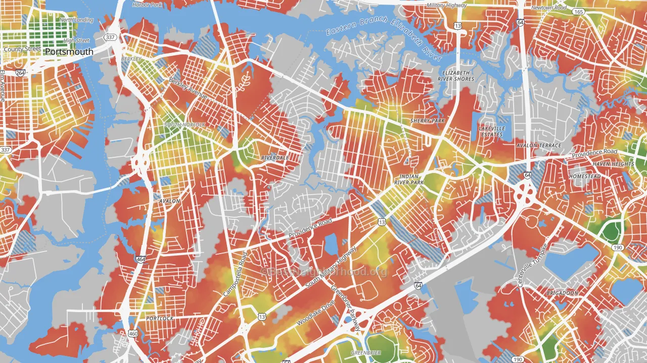 Walk Grade map of Indian River, Chesapeake, VA, walkable areas in green and car-dependent areas in red