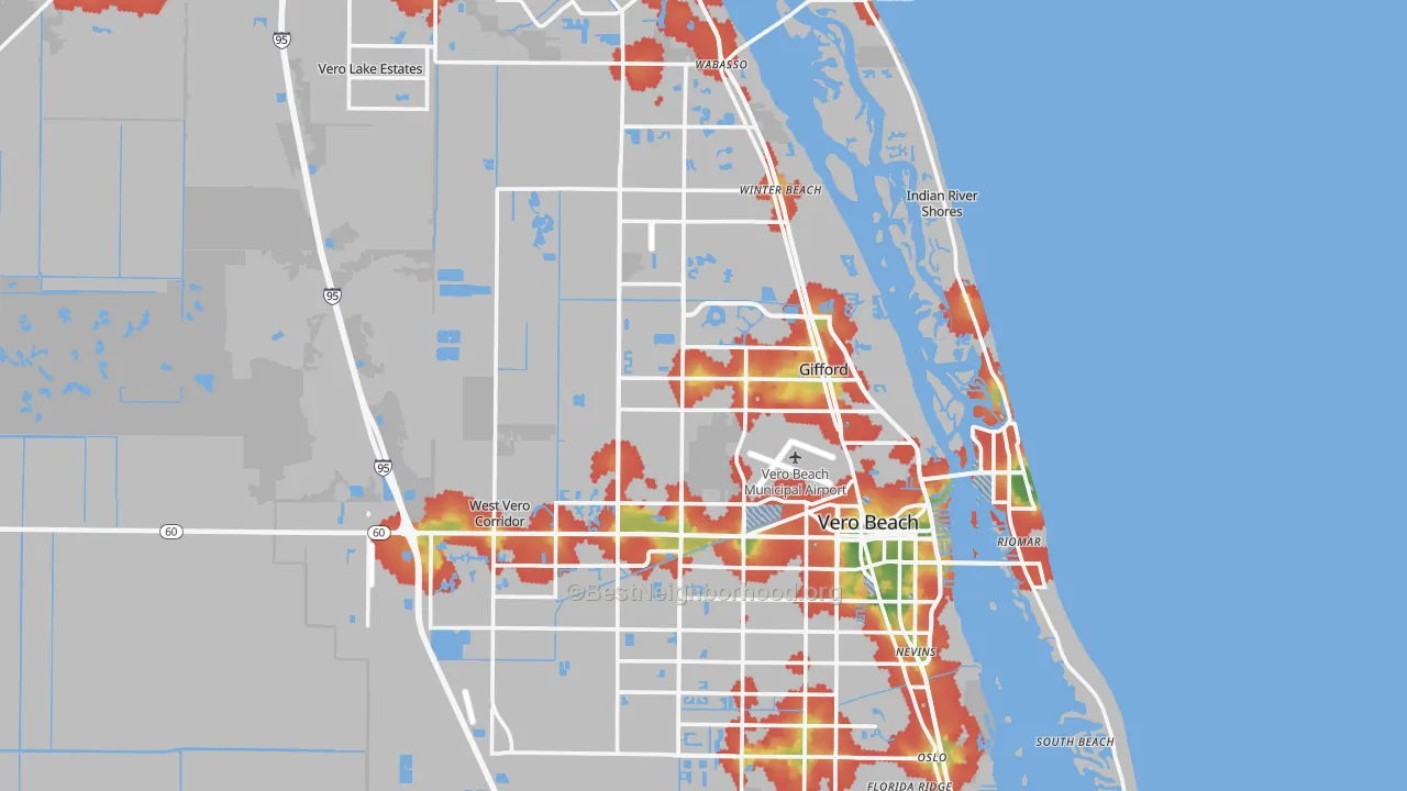 Walk Grade map of Indian River County, FL, walkable areas in green and car-dependent areas in red