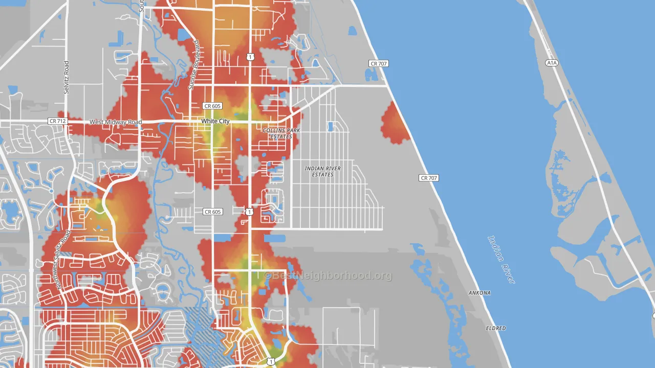 Walk Grade map of Indian River Estates, FL, walkable areas in green and car-dependent areas in red