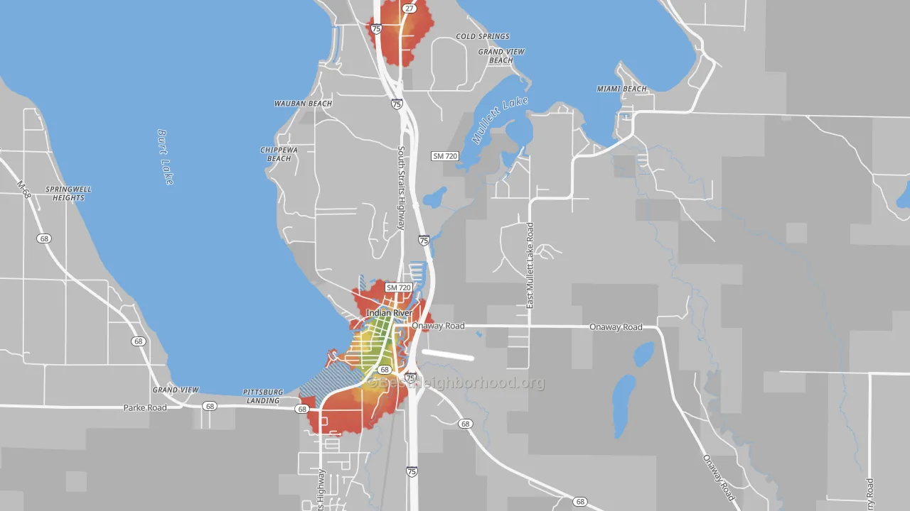 Walk Grade map of Indian River, MI, walkable areas in green and car-dependent areas in red