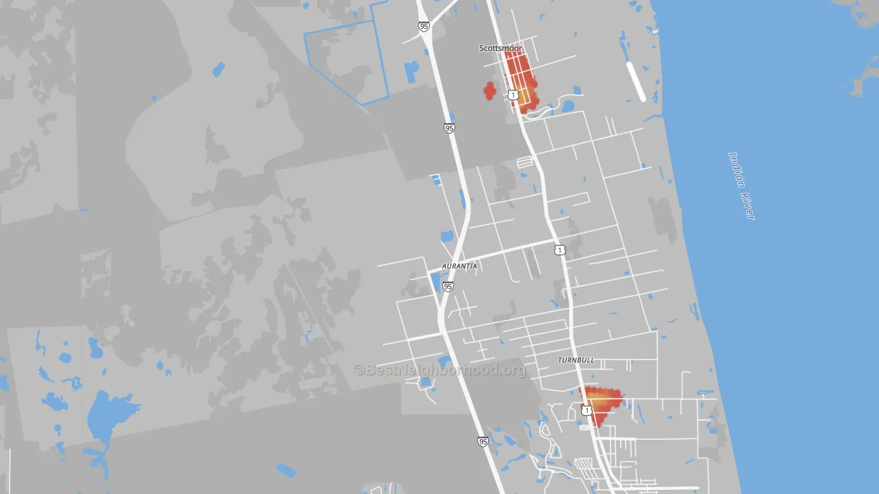 Walk Grade map of Indian River Park, Mims, FL, walkable areas in green and car-dependent areas in red