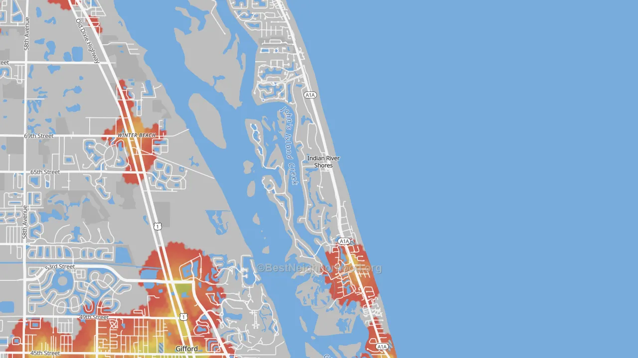 Walk Grade map of Indian River Shores, FL, walkable areas in green and car-dependent areas in red
