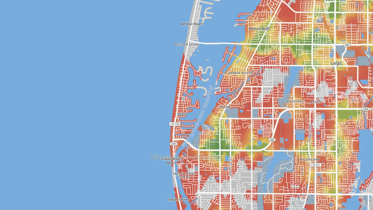 Walk Grade map of Indian Rocks Beach, FL, walkable areas in green and car-dependent areas in red