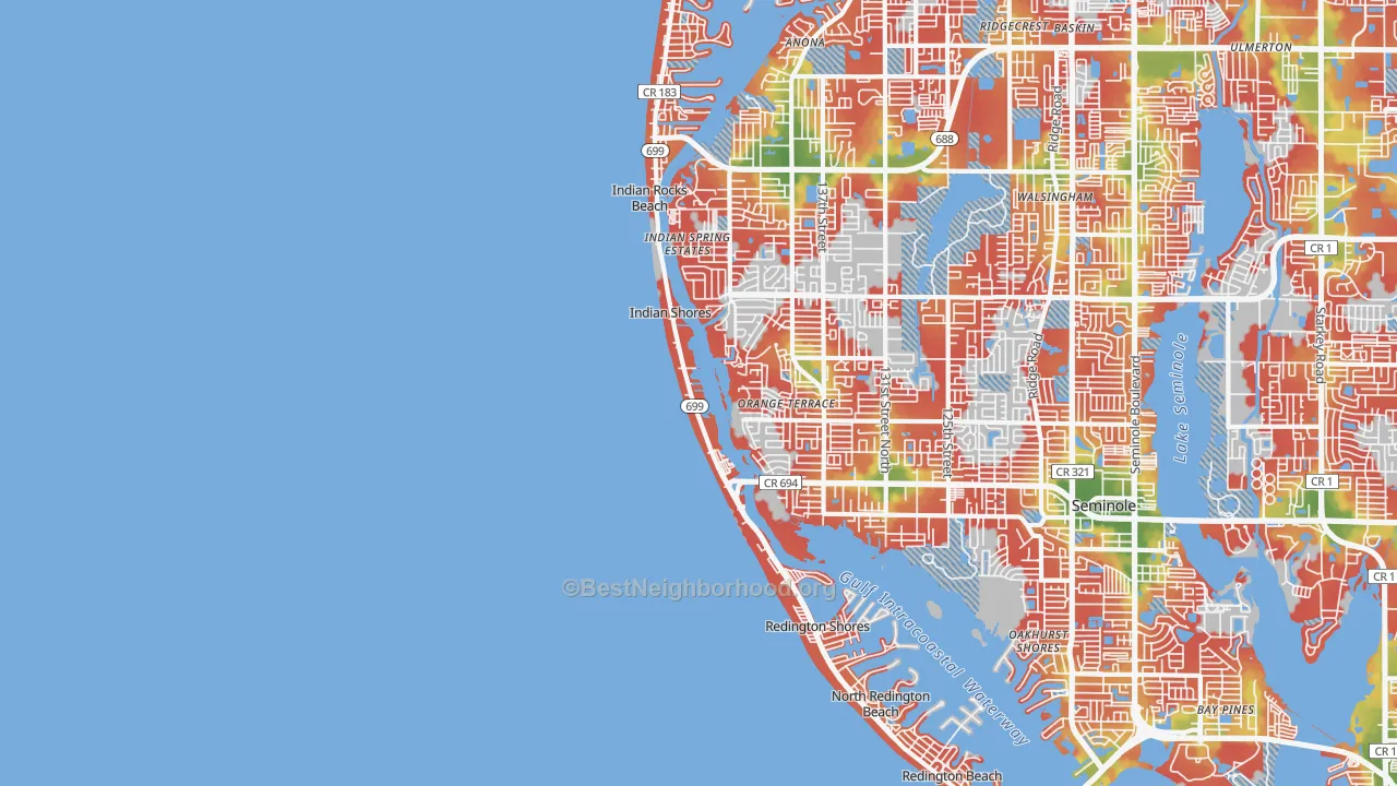 Walk Grade map of Indian Shores, FL, walkable areas in green and car-dependent areas in red