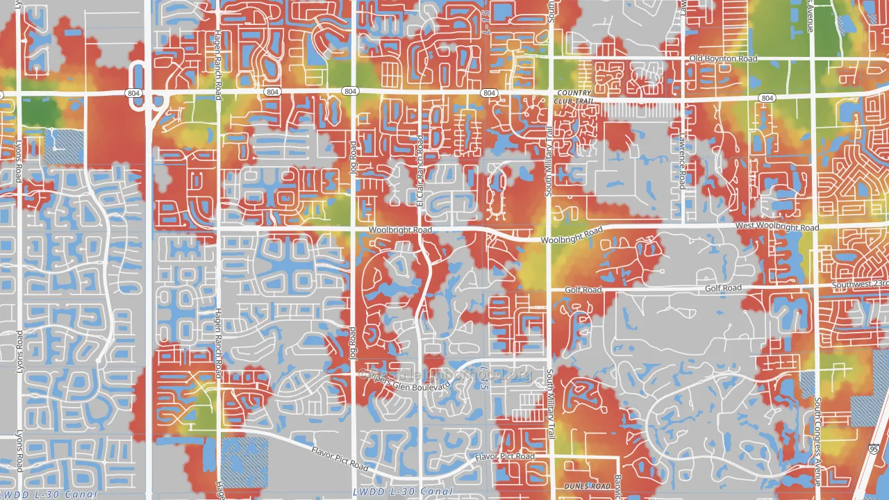 Walk Grade map of Indian Spring, Boynton Beach, FL, walkable areas in green and car-dependent areas in red