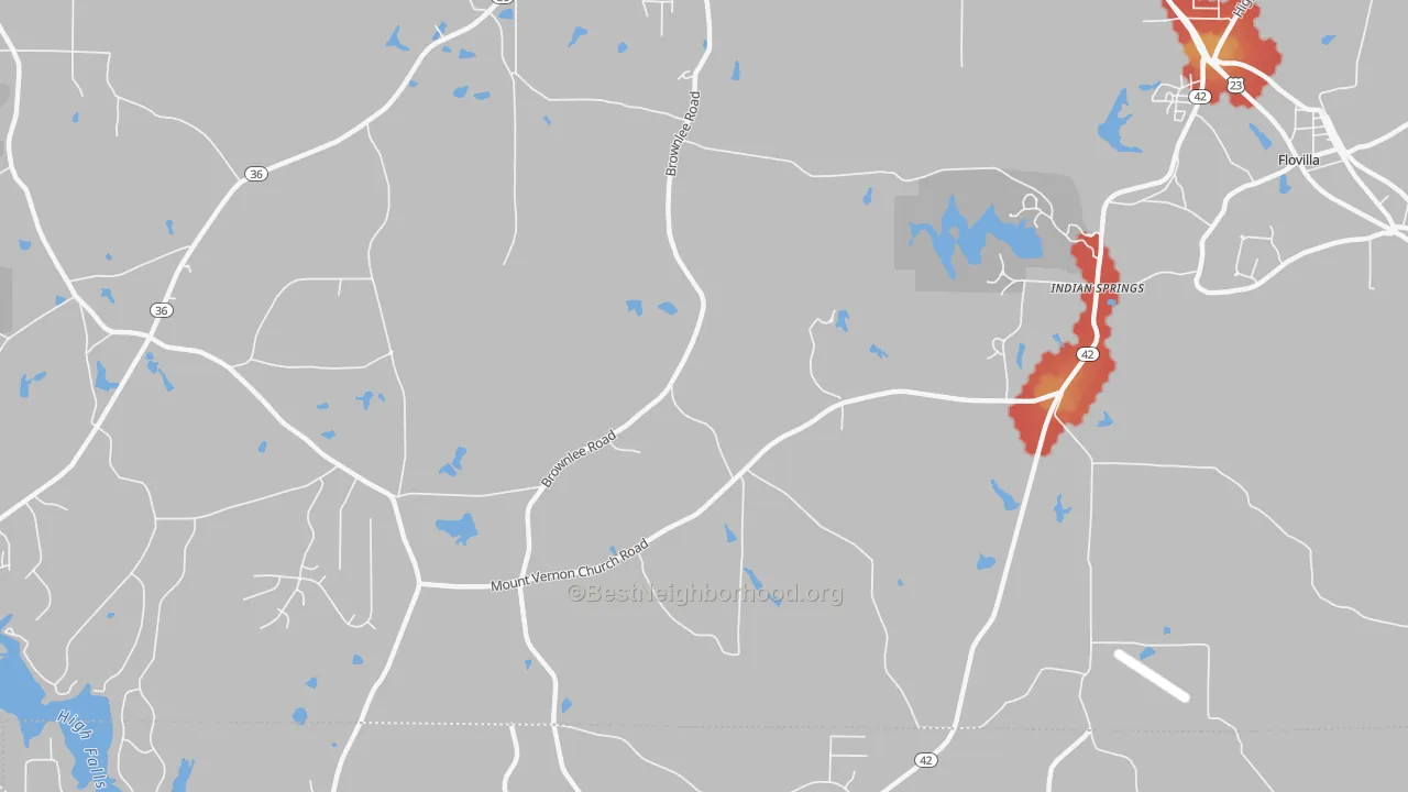 Walk Grade map of Indian Springs, GA, walkable areas in green and car-dependent areas in red