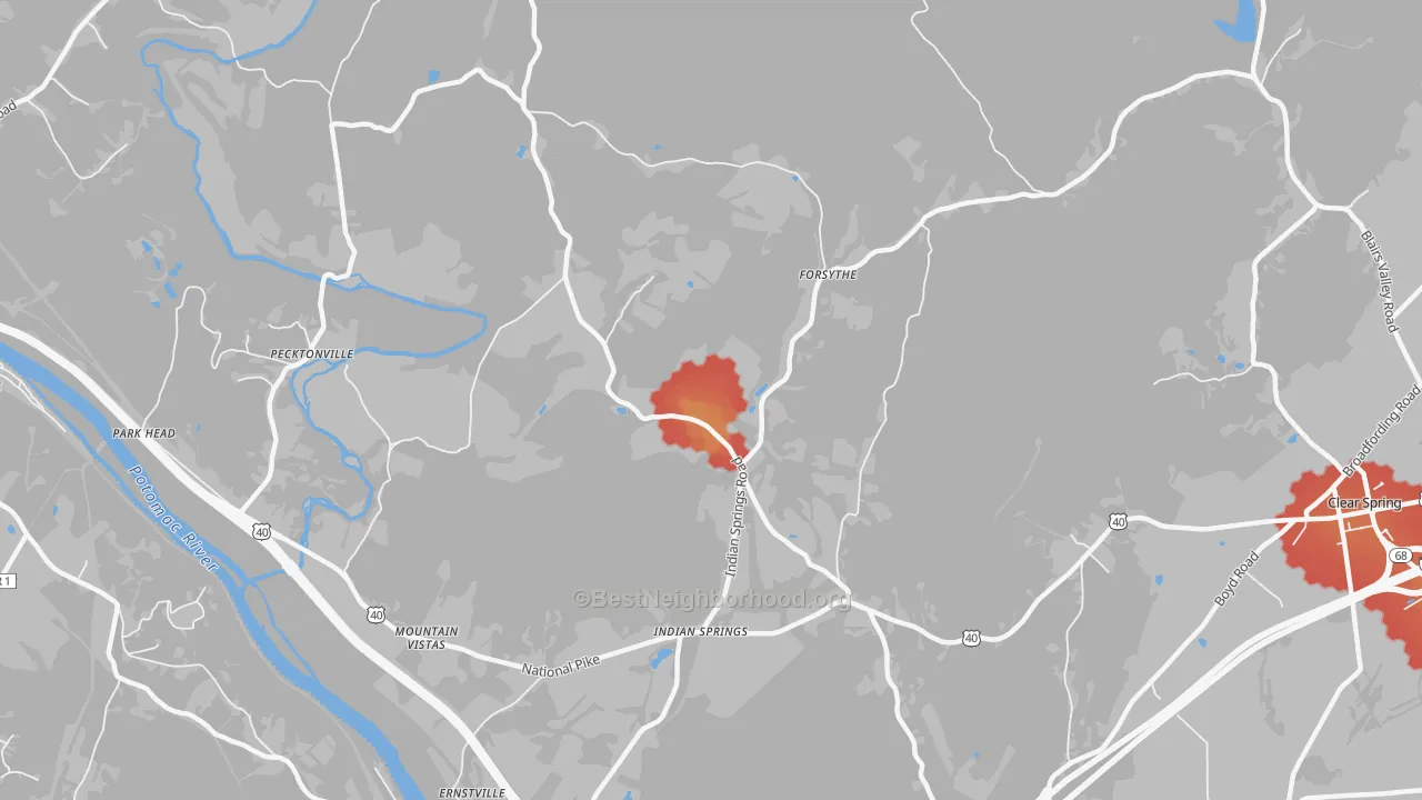 Walk Grade map of Indian Springs, MD, walkable areas in green and car-dependent areas in red