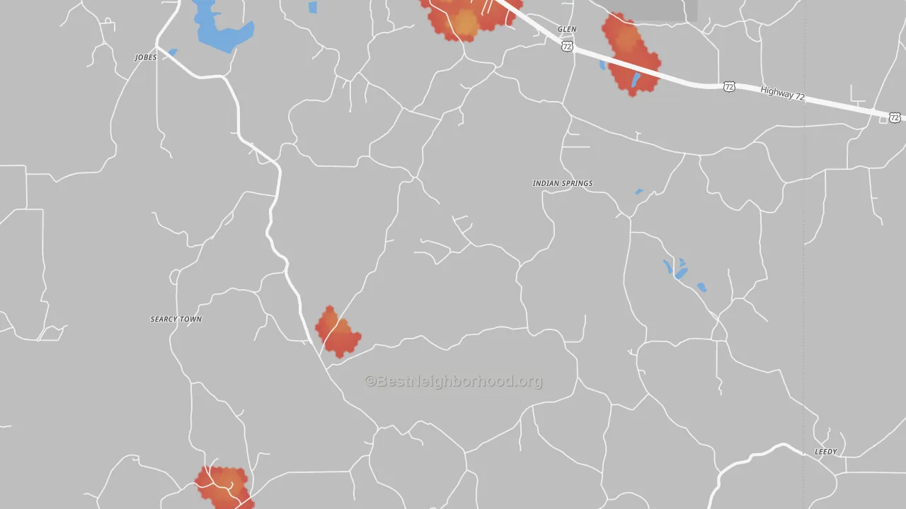 Walk Grade map of Indian Springs, MS, walkable areas in green and car-dependent areas in red