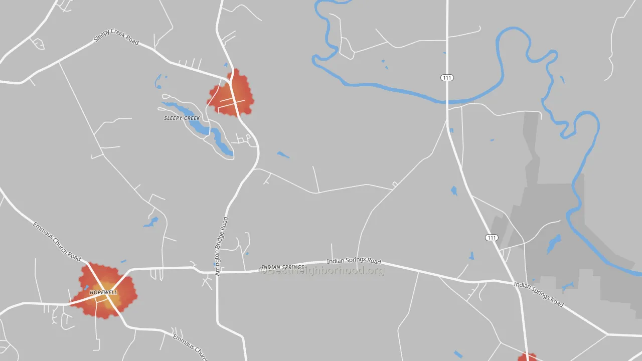 Walk Grade map of Indian Springs, NC, walkable areas in green and car-dependent areas in red
