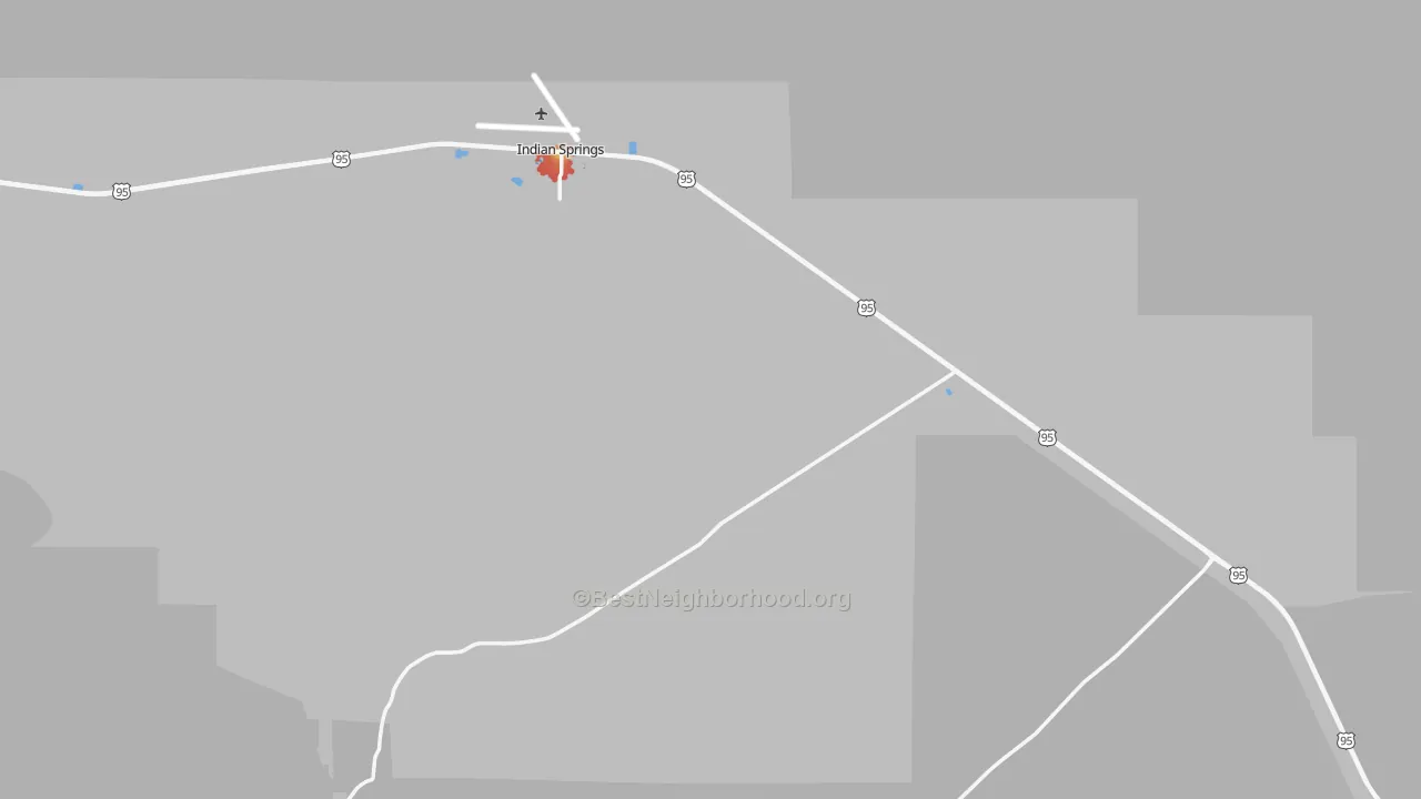 Walk Grade map of Indian Springs, NV, walkable areas in green and car-dependent areas in red