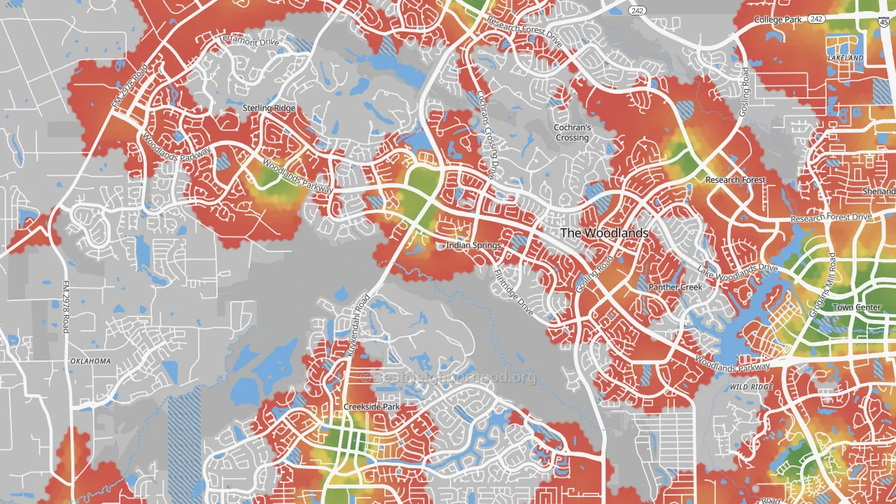 Walk Grade map of Indian Springs, The Woodlands, TX, walkable areas in green and car-dependent areas in red