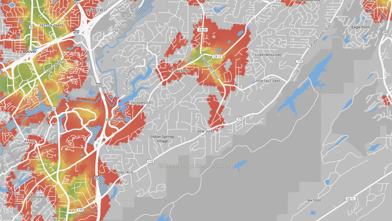 Walk Grade map of Indian Springs Village, AL, walkable areas in green and car-dependent areas in red