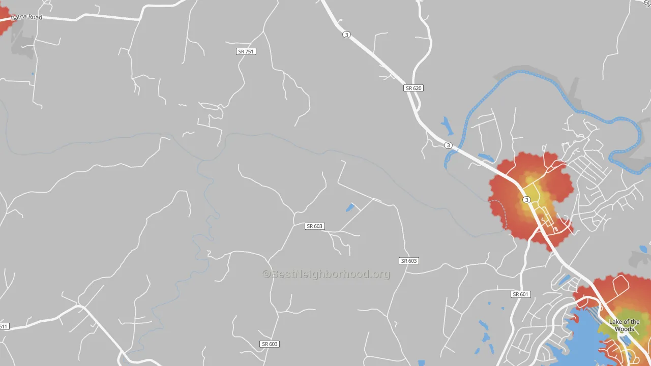 Walk Grade map of Indian Town, VA, walkable areas in green and car-dependent areas in red