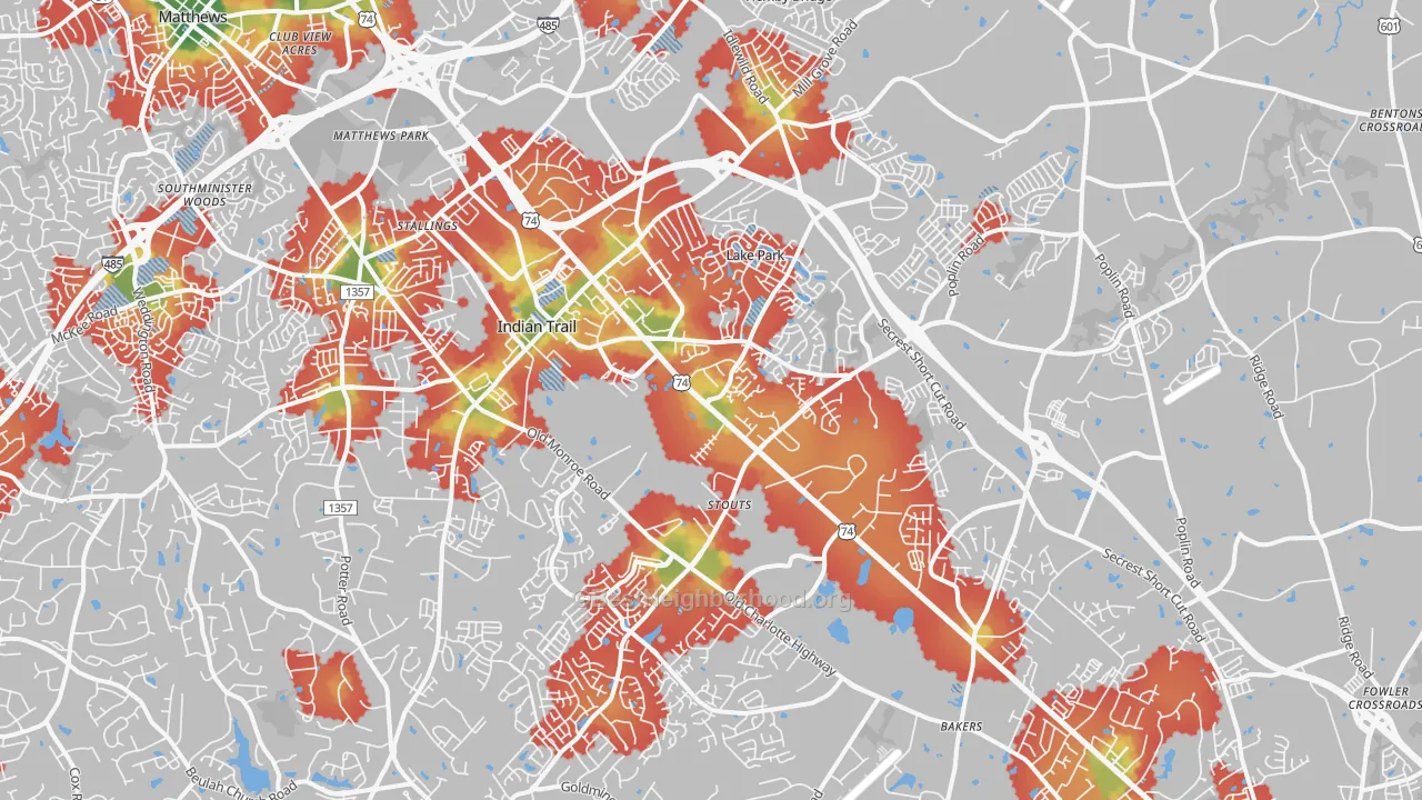 Walk Grade map of Indian Trail, NC, walkable areas in green and car-dependent areas in red