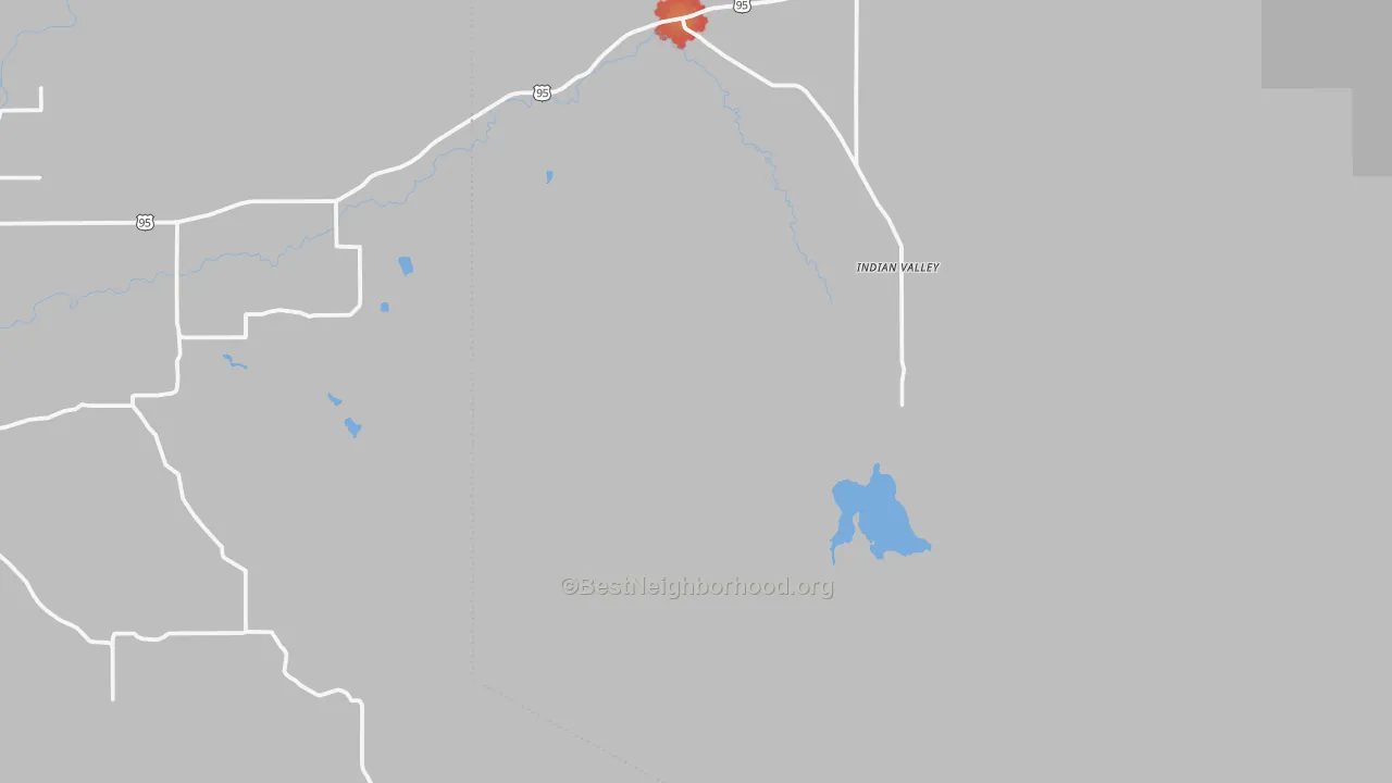 Walk Grade map of Indian Valley, ID, walkable areas in green and car-dependent areas in red