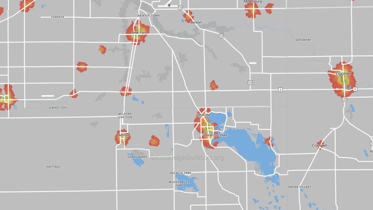 Walk Grade map of Indian Village, IN, walkable areas in green and car-dependent areas in red