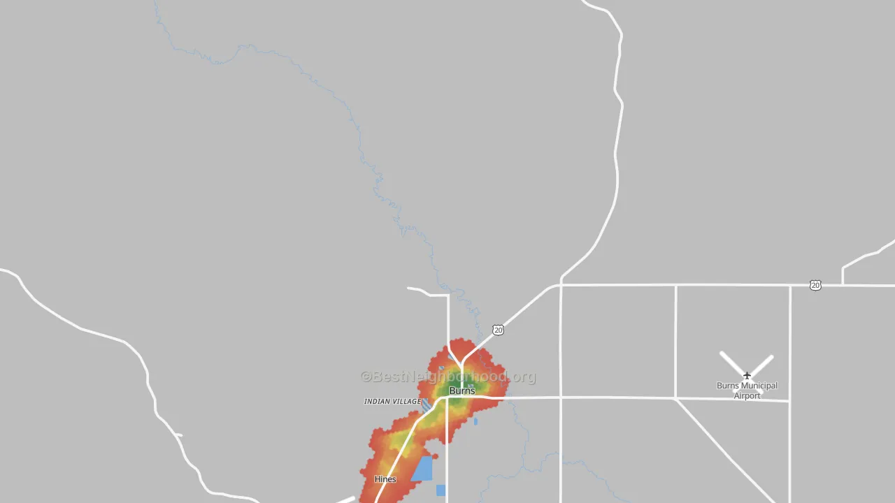 Walk Grade map of Indian Village, OR, walkable areas in green and car-dependent areas in red