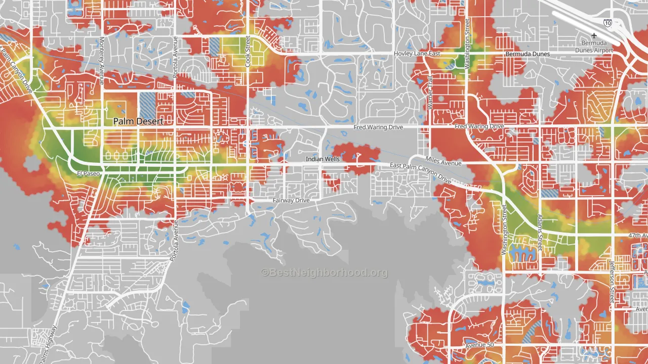 Walk Grade map of Indian Wells, CA, walkable areas in green and car-dependent areas in red