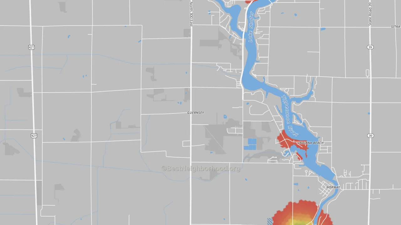 Walk Grade map of Indiana Beach, IN, walkable areas in green and car-dependent areas in red