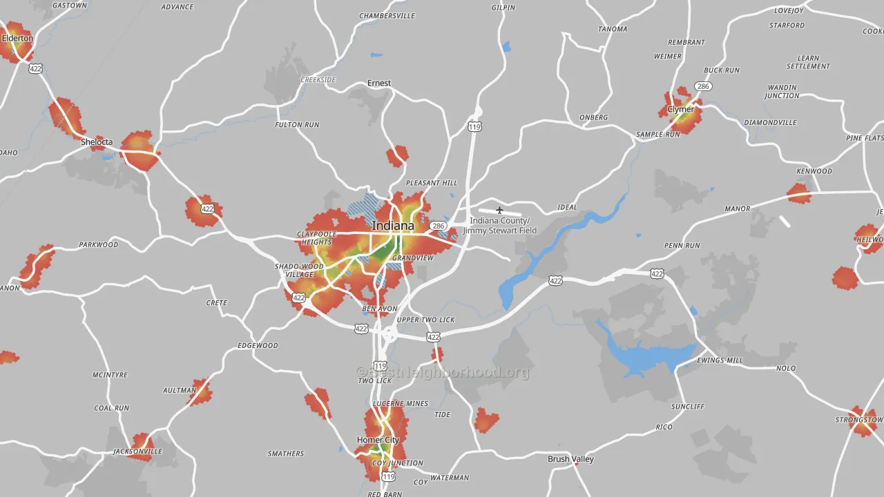 Walk Grade map of Indiana County, PA, walkable areas in green and car-dependent areas in red