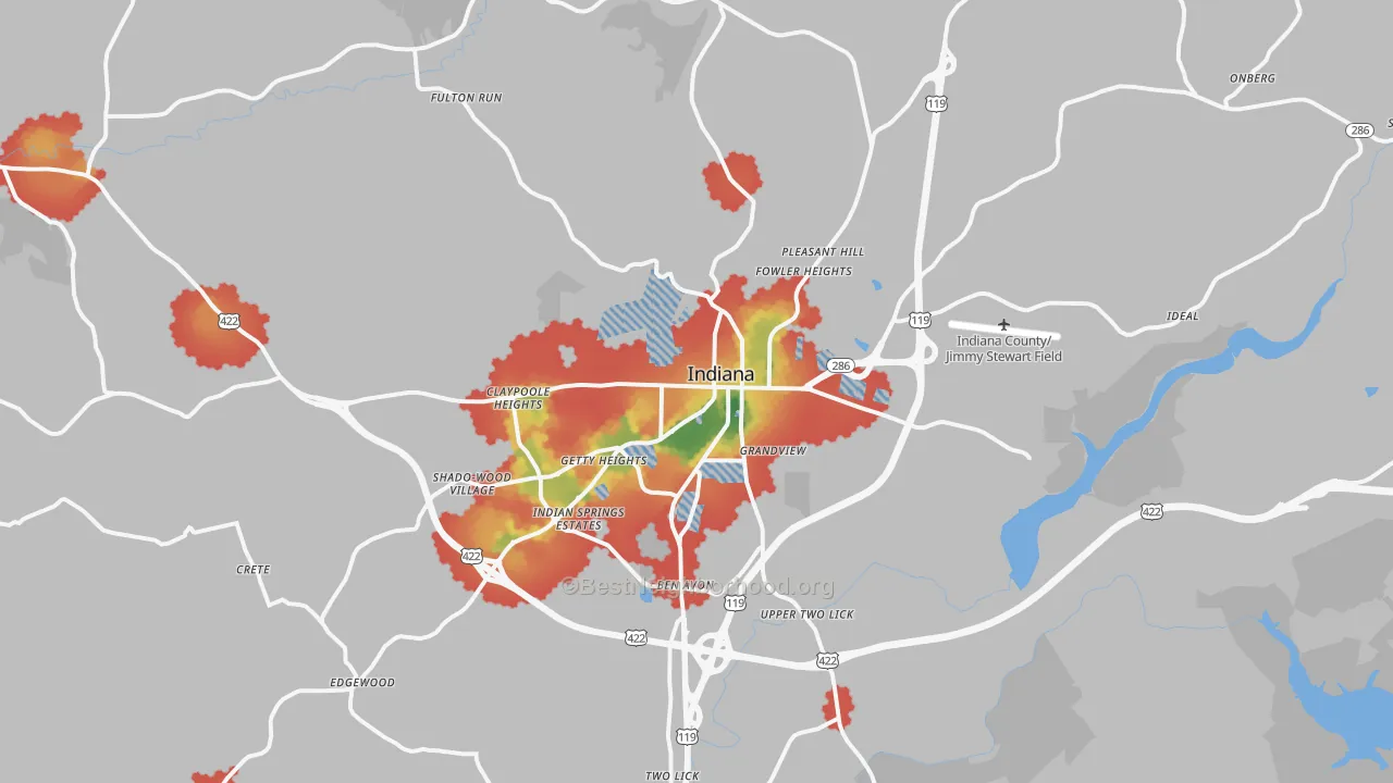 Walk Grade map of Indiana, PA, walkable areas in green and car-dependent areas in red