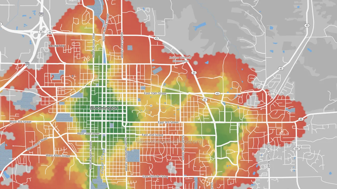 Walk Grade map of Indiana University, Bloomington, IN, walkable areas in green and car-dependent areas in red