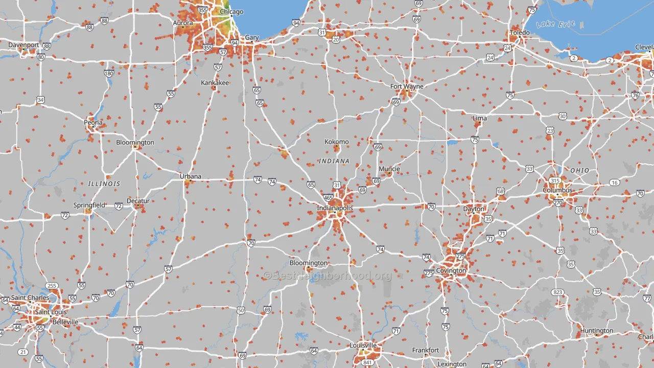 Walk Grade map of Indiana, walkable areas in green and car-dependent areas in red
