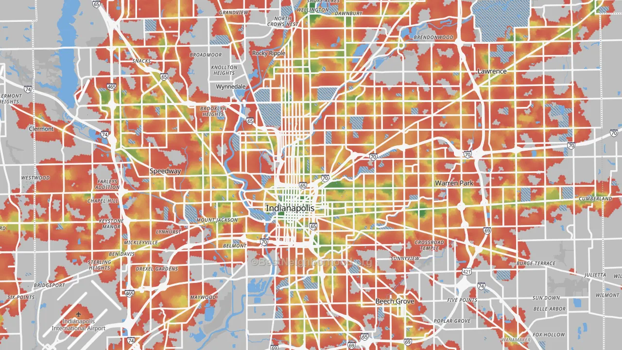 Walk Grade map of Indianapolis, IN, walkable areas in green and car-dependent areas in red