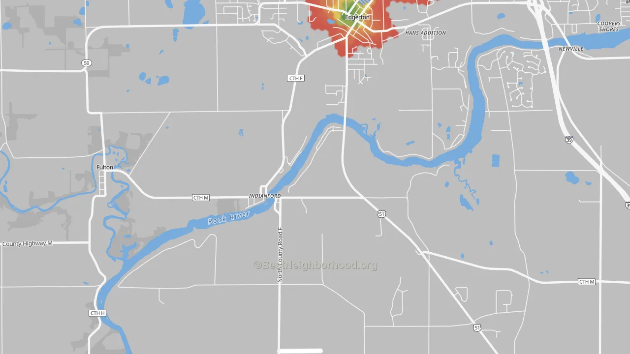 Walk Grade map of Indianford, WI, walkable areas in green and car-dependent areas in red