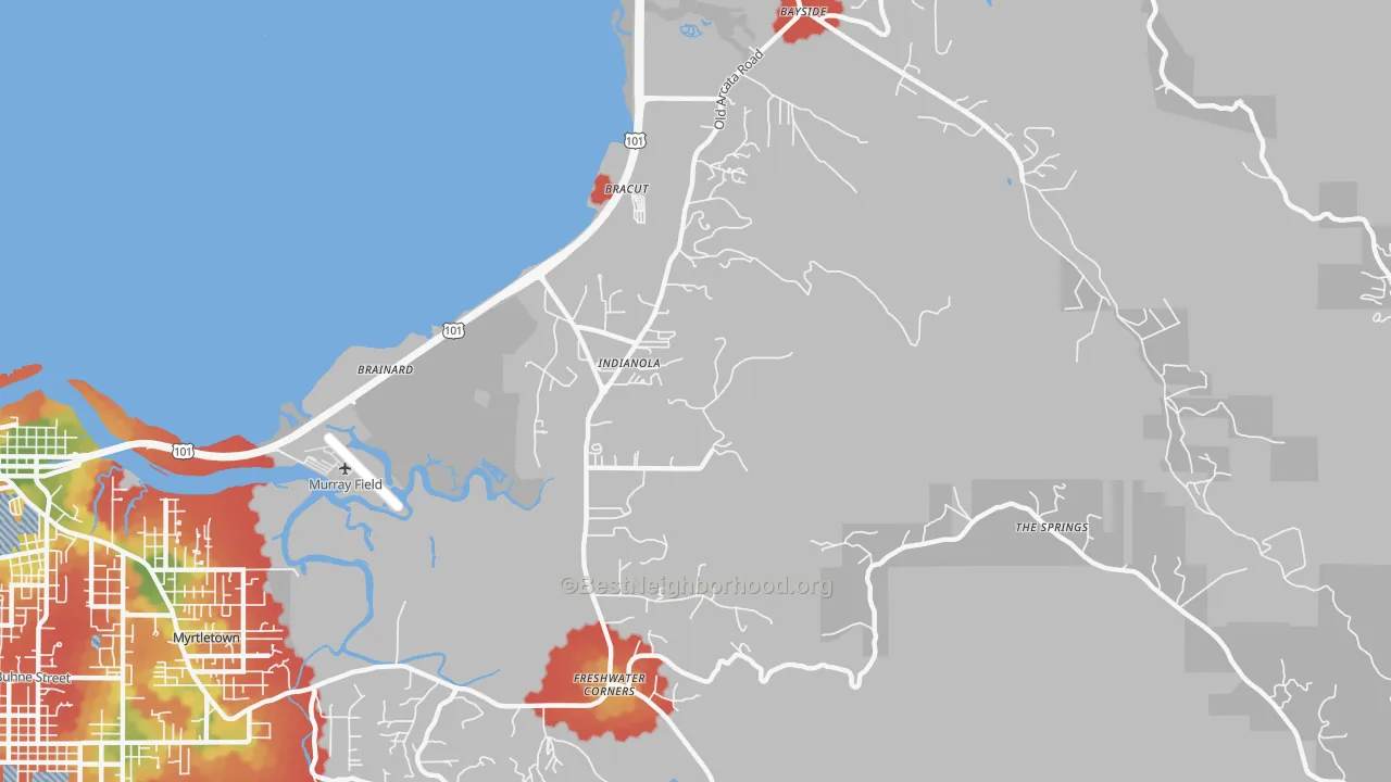 Walk Grade map of Indianola, CA, walkable areas in green and car-dependent areas in red