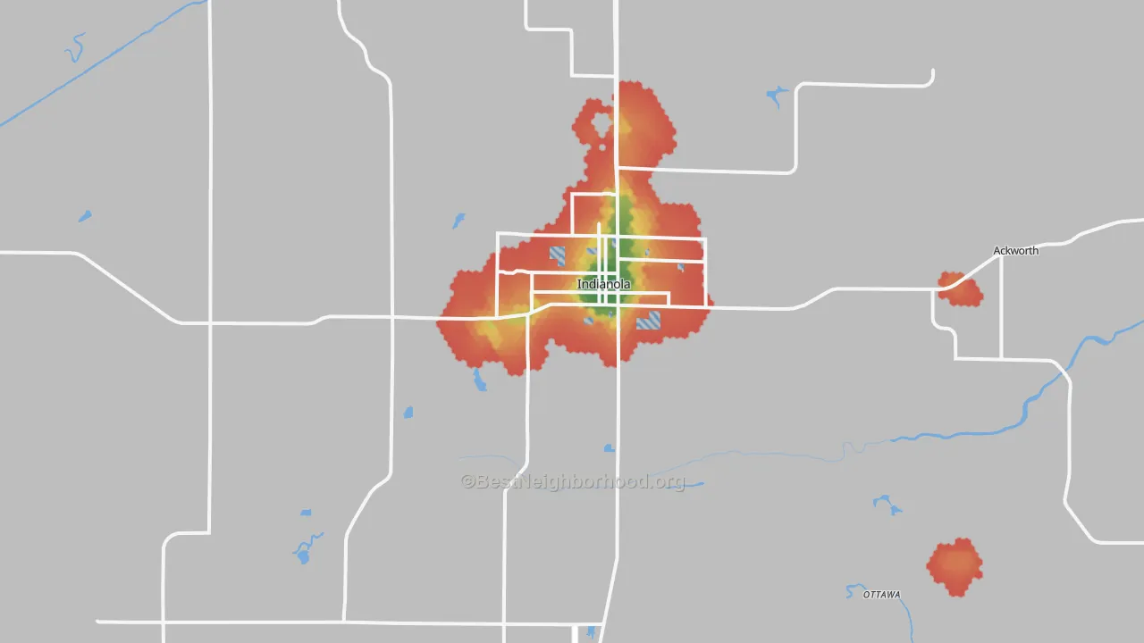 Walk Grade map of Indianola, IA, walkable areas in green and car-dependent areas in red