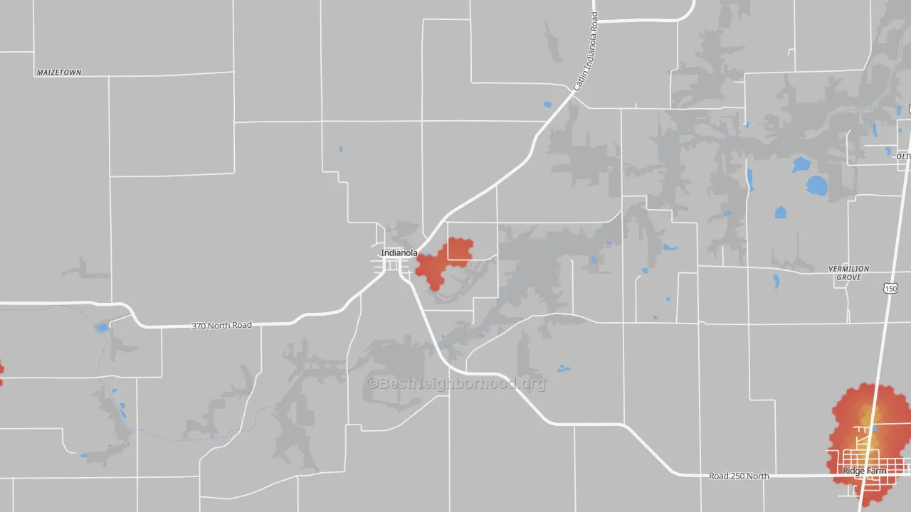 Walk Grade map of Indianola, IL, walkable areas in green and car-dependent areas in red