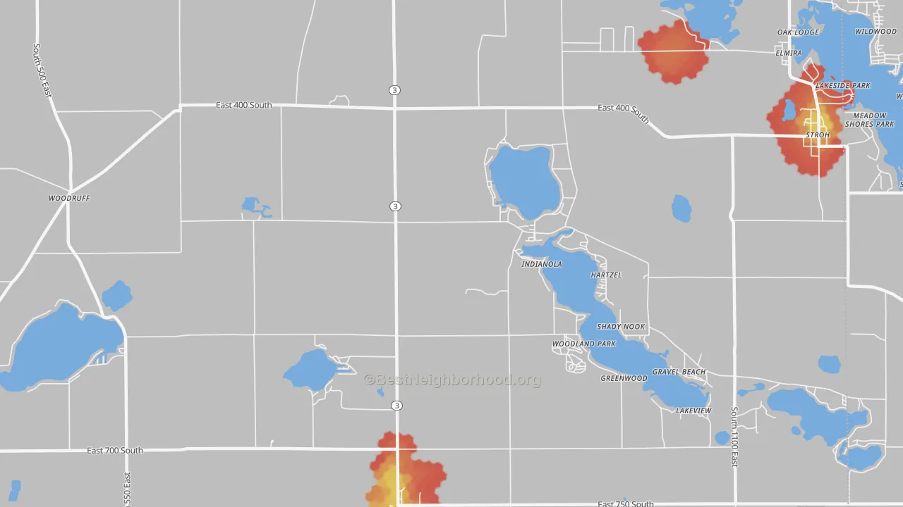 Walk Grade map of Indianola, IN, walkable areas in green and car-dependent areas in red