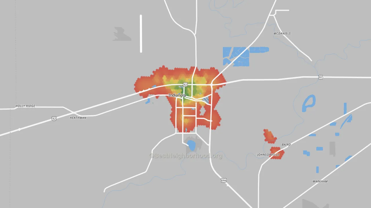 Walk Grade map of Indianola, MS, walkable areas in green and car-dependent areas in red