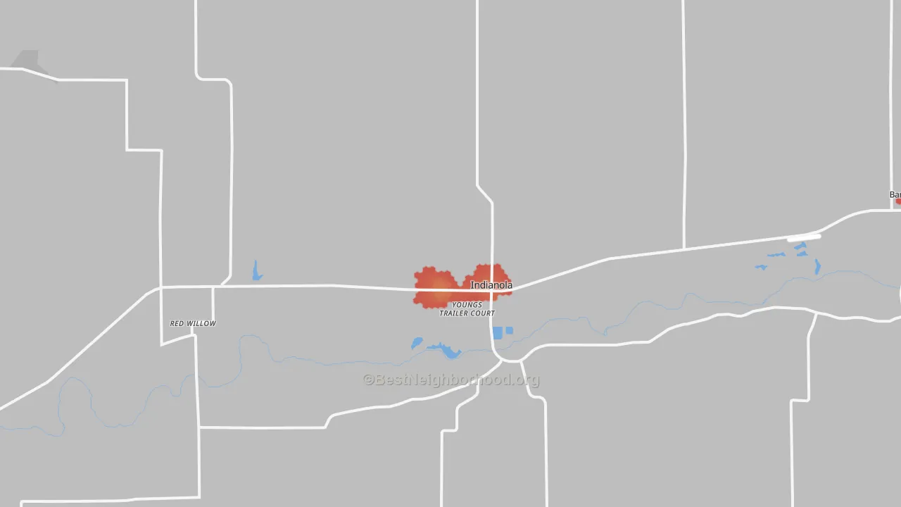 Walk Grade map of Indianola, NE, walkable areas in green and car-dependent areas in red