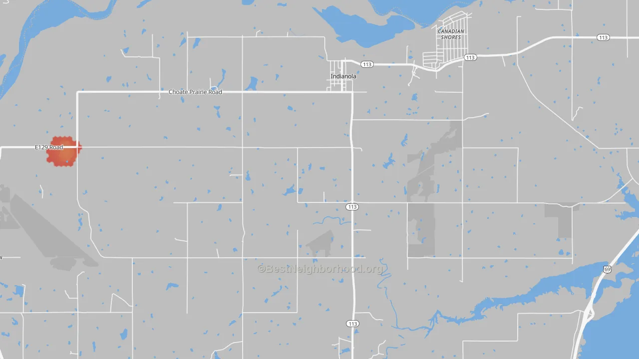 Walk Grade map of Indianola, OK, walkable areas in green and car-dependent areas in red