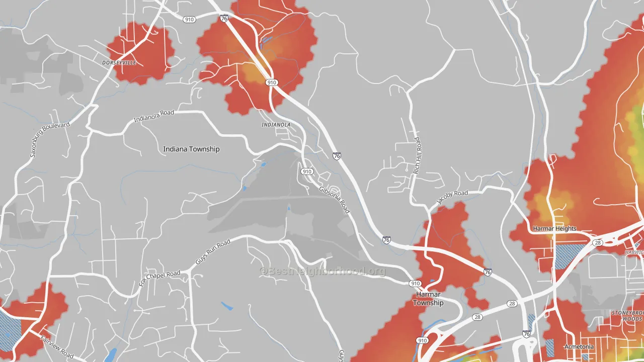Walk Grade map of Indianola, PA, walkable areas in green and car-dependent areas in red