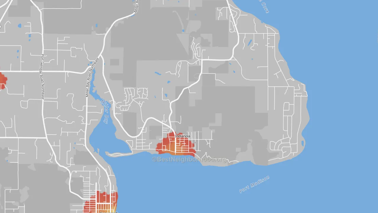 Walk Grade map of Indianola, WA, walkable areas in green and car-dependent areas in red