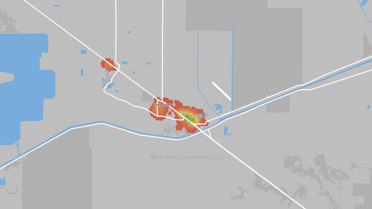 Walk Grade map of Indiantown, FL, walkable areas in green and car-dependent areas in red