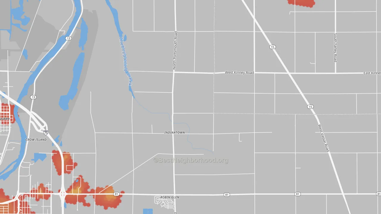 Walk Grade map of Indiantown, MI, walkable areas in green and car-dependent areas in red