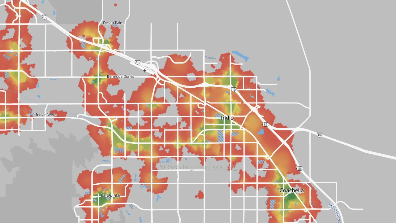 Walk Grade map of Indio, CA, walkable areas in green and car-dependent areas in red
