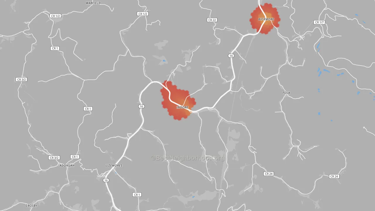 Walk Grade map of Indore, WV, walkable areas in green and car-dependent areas in red