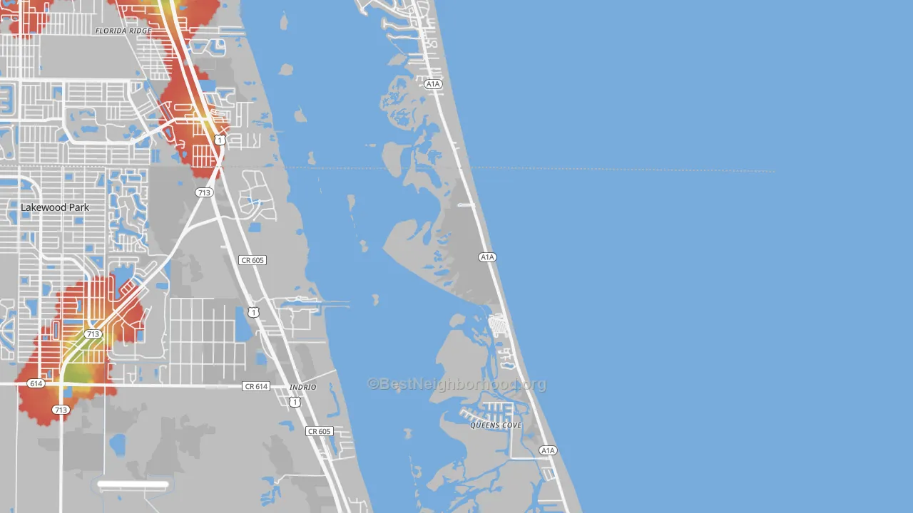 Walk Grade map of Indrio, FL, walkable areas in green and car-dependent areas in red