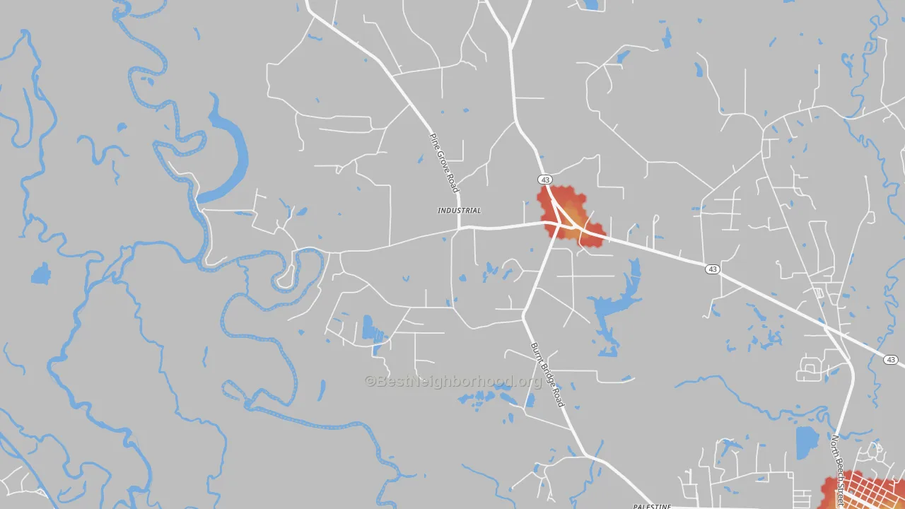 Walk Grade map of Industrial, MS, walkable areas in green and car-dependent areas in red